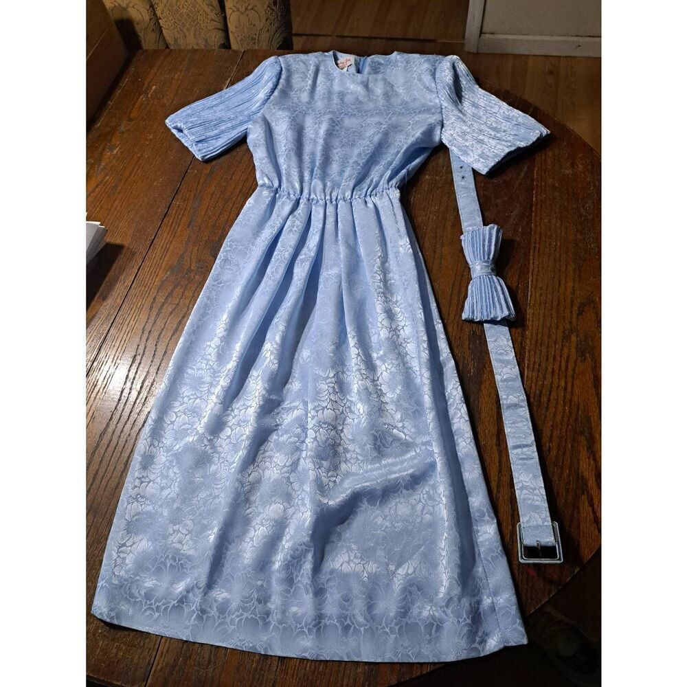 Vintage 4P Henry Lee Petite Light Blue Jacquard Dress Belt Short Pleated Sleeves